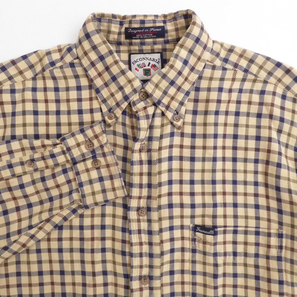 Faconnable Mens Button Down Shirt Tan Blue Plaid Check Long Sleeve Flannel Large